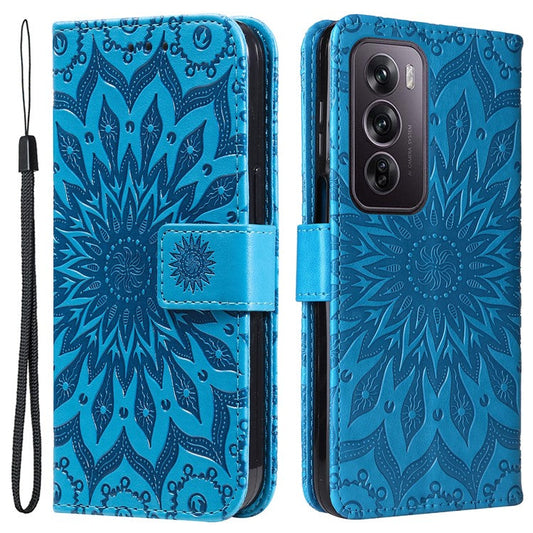 KT Imprinting Flower Series-1 For Oppo Reno12 Pro 5G (Global) / (China) Case Leather Wallet Drop-proof Phone Cover - Blue