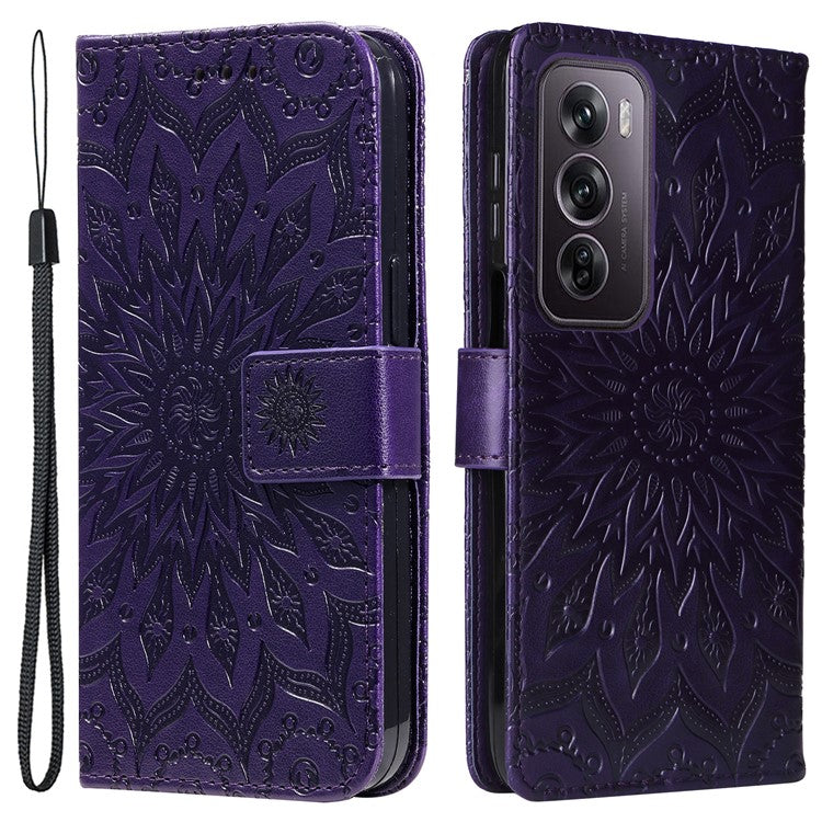 KT Imprinting Flower Series-1 For Oppo Reno12 Pro 5G (Global) / (China) Case Leather Wallet Drop-proof Phone Cover - Purple