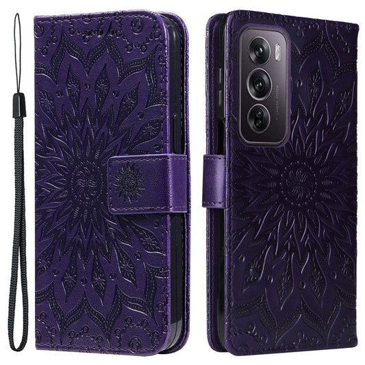 KT Imprinting Flower Series-1 For Oppo Reno12 Pro 5G (Global) / (China) Case Leather Wallet Drop-proof Phone Cover - Purple