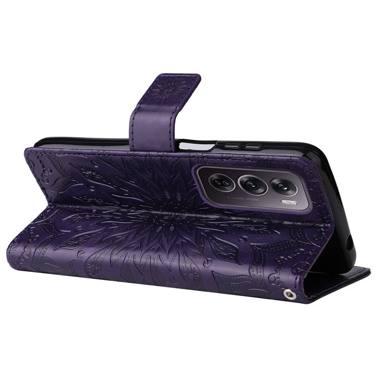KT Imprinting Flower Series-1 For Oppo Reno12 Pro 5G (Global) / (China) Case Leather Wallet Drop-proof Phone Cover - Purple