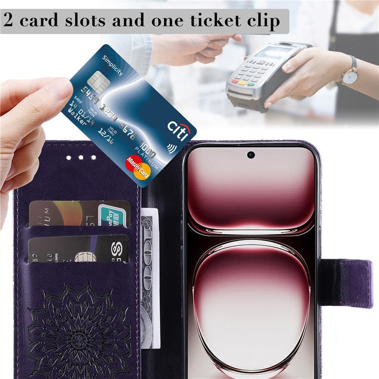 KT Imprinting Flower Series-1 For Oppo Reno12 Pro 5G (Global) / (China) Case Leather Wallet Drop-proof Phone Cover - Purple