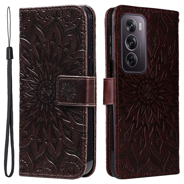 KT Imprinting Flower Series-1 For Oppo Reno12 Pro 5G (Global) / (China) Case Leather Wallet Drop-proof Phone Cover - Brown