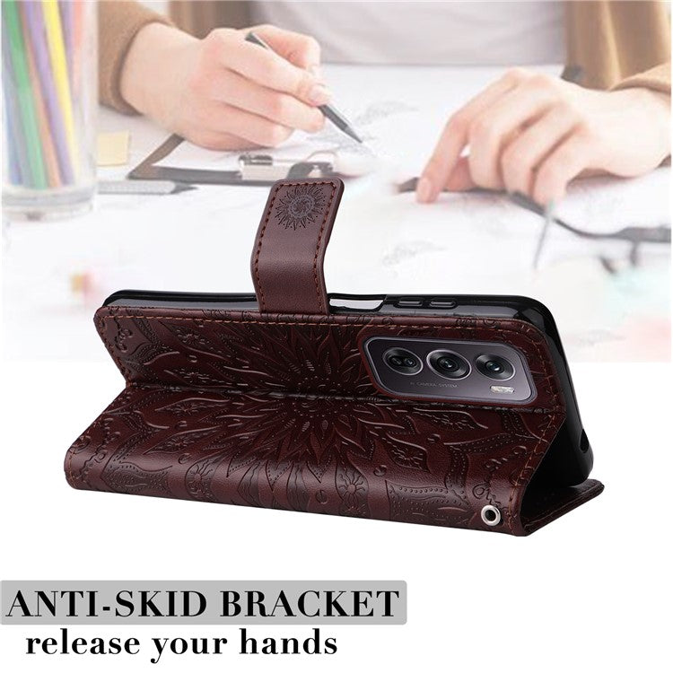 KT Imprinting Flower Series-1 For Oppo Reno12 Pro 5G (Global) / (China) Case Leather Wallet Drop-proof Phone Cover - Brown