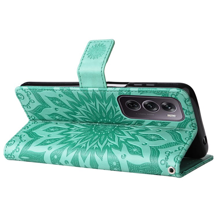 KT Imprinting Flower Series-1 For Oppo Reno12 Pro 5G (Global) / (China) Case Leather Wallet Drop-proof Phone Cover - Green