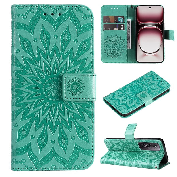 KT Imprinting Flower Series-1 For Oppo Reno12 Pro 5G (Global) / (China) Case Leather Wallet Drop-proof Phone Cover - Green