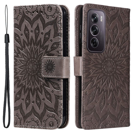 KT Imprinting Flower Series-1 For Oppo Reno12 Pro 5G (Global) / (China) Case Leather Wallet Drop-proof Phone Cover - Grey