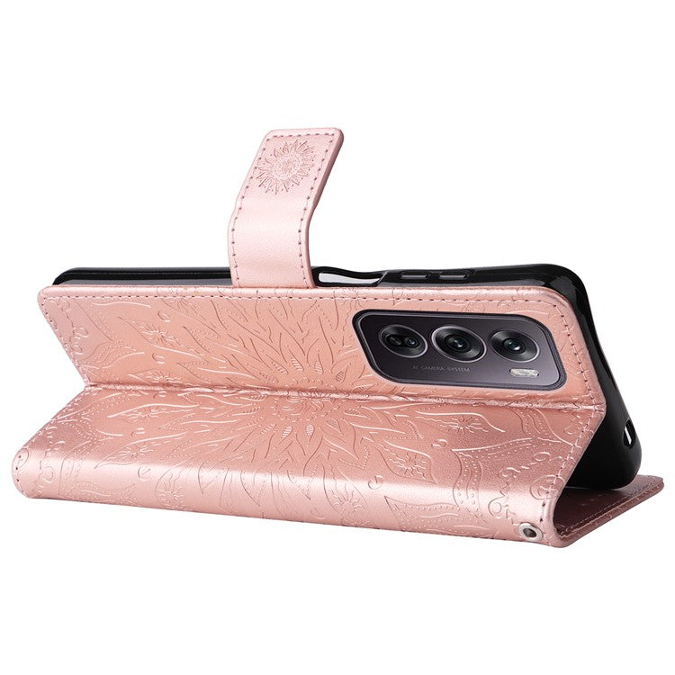KT Imprinting Flower Series-1 For Oppo Reno12 Pro 5G (Global) / (China) Case Leather Wallet Drop-proof Phone Cover - Rose Gold