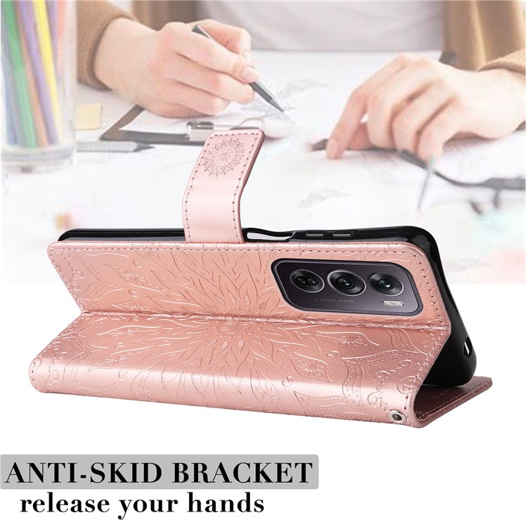 KT Imprinting Flower Series-1 For Oppo Reno12 Pro 5G (Global) / (China) Case Leather Wallet Drop-proof Phone Cover - Rose Gold