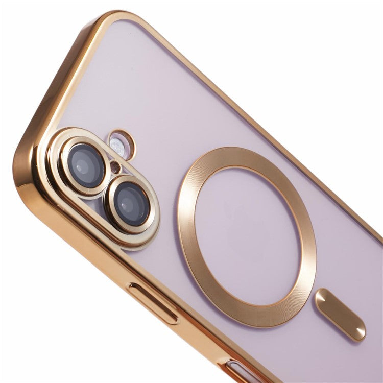 For iPhone 16 Plus Magnetic Case Electroplating Frame TPU Phone Cover with Lens Film - Gold