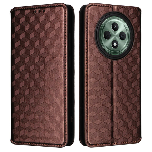 For Oppo Reno12 F 5G / Oppo F27 5G Case Leather Wallet Phone Cover Rhombus Imprinted - Brown