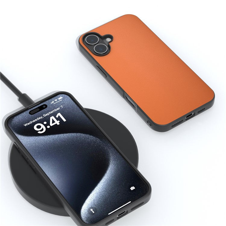 For iPhone 16 Plus Case Anti-Drop PU Leather Coated TPU+PC Phone Cover - Orange