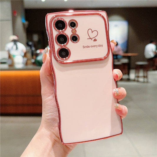 For Samsung Galaxy S23 Ultra Case Wave Frame with Love Heart Raised Camera Protection TPU Cover - Rose Pink