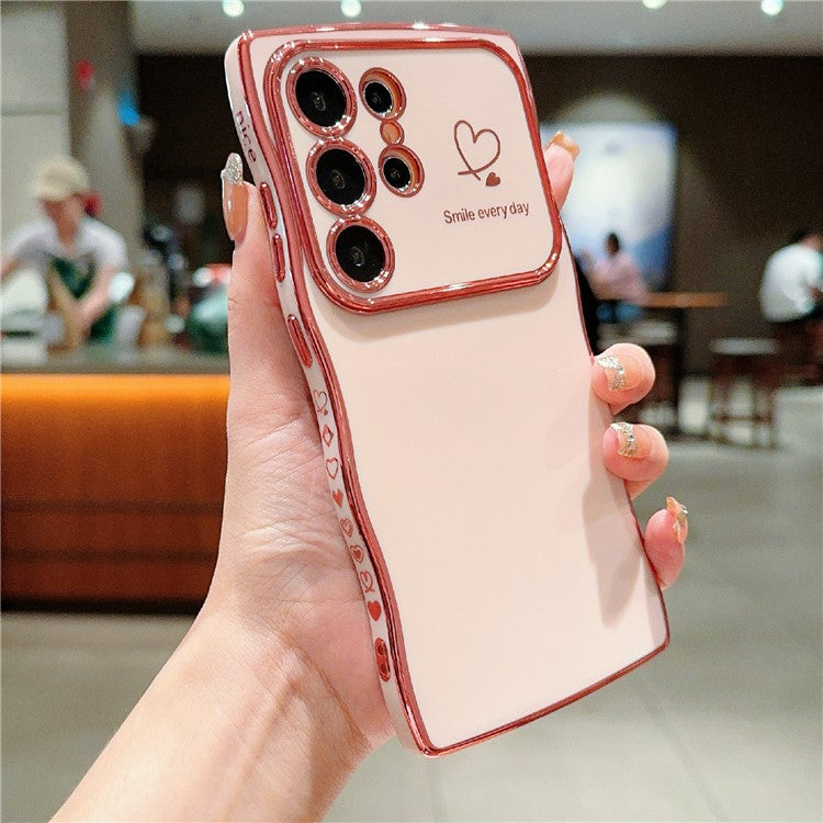 For Samsung Galaxy S23 Ultra Case Wave Frame with Love Heart Raised Camera Protection TPU Cover - Rose Pink