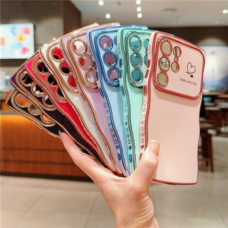 For Samsung Galaxy S23 Ultra Case Wave Frame with Love Heart Raised Camera Protection TPU Cover - Rose Pink