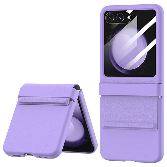 For Samsung Galaxy Z Flip6 5G Case Leather+PC Phone Cover with Hinge and Rear Screen Film - Purple