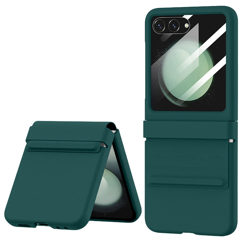 For Samsung Galaxy Z Flip6 5G Case Leather+PC Phone Cover with Hinge and Rear Screen Film - Green