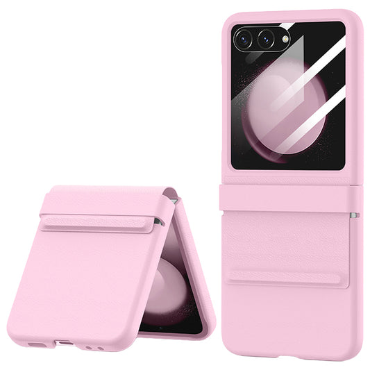 For Samsung Galaxy Z Flip6 5G Case Leather+PC Phone Cover with Hinge and Rear Screen Film - Pink
