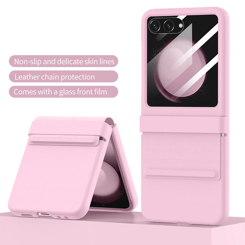 For Samsung Galaxy Z Flip6 5G Case Leather+PC Phone Cover with Hinge and Rear Screen Film - Pink