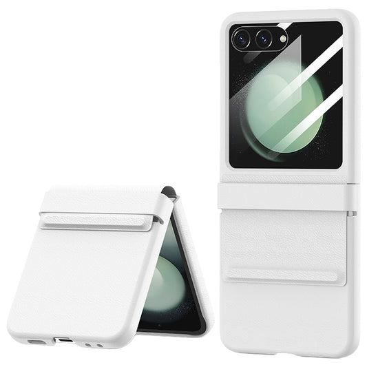 For Samsung Galaxy Z Flip6 5G Case Leather+PC Phone Cover with Hinge and Rear Screen Film - White