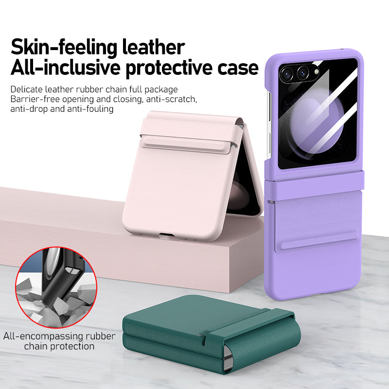 For Samsung Galaxy Z Flip6 5G Case Leather+PC Phone Cover with Hinge and Rear Screen Film - White