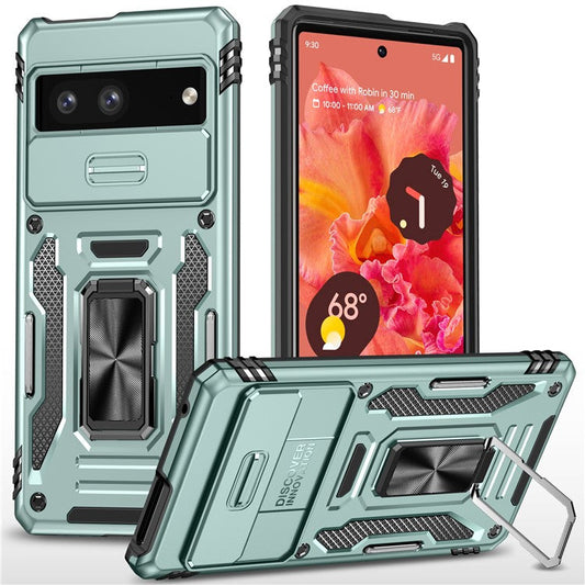 Armor Series For Google Pixel 9 Pro / Pixel 9 Case PC+TPU Kickstand Phone Cover with Slide Lens Shield - Green