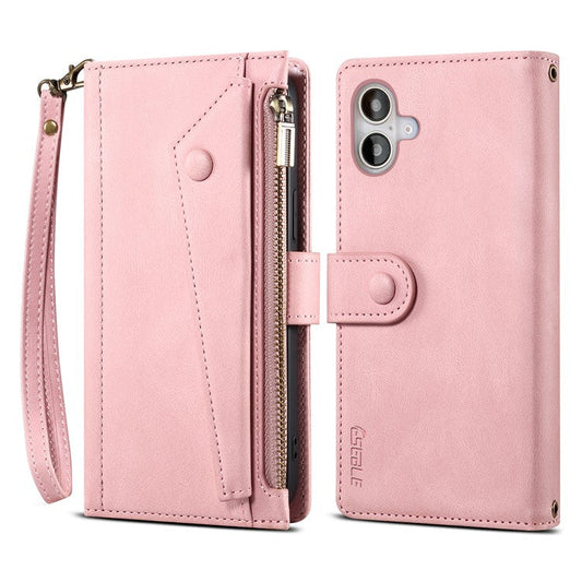 ESEBLE Star Series For iPhone 16 Plus Case Zipper Wallet Leather Stand Phone Cover - Rose Gold
