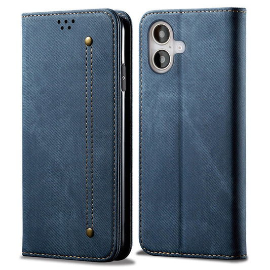 For iPhone 16 Plus Case Jeans Cloth Texture Anti-scratch Leather Stand Phone Cover - Blue