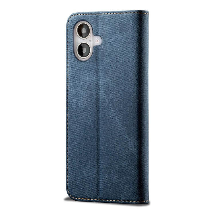 For iPhone 16 Plus Case Jeans Cloth Texture Anti-scratch Leather Stand Phone Cover - Blue
