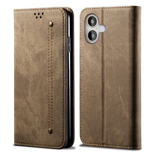 For iPhone 16 Plus Case Jeans Cloth Texture Anti-scratch Leather Stand Phone Cover - Khaki