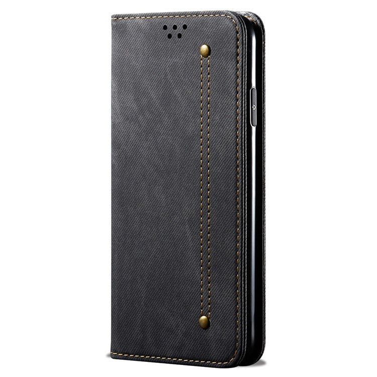For iPhone 16 Case Jeans Cloth Texture Anti-Scratch Leather Stand Phone Cover - Black