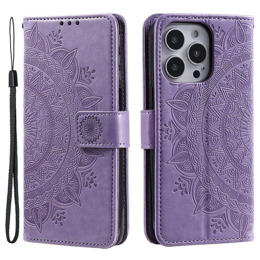 For iPhone 16 Pro Stand Case Imprinted Totem PU Leather Wallet Phone Cover - Purple