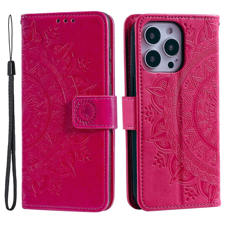 For iPhone 16 Pro Stand Case Imprinted Totem PU Leather Wallet Phone Cover - Rose