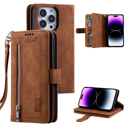 For iPhone 16 Pro Case PU Leather Phone Cover with Zipper Pocket 9 Card Slots - Brown