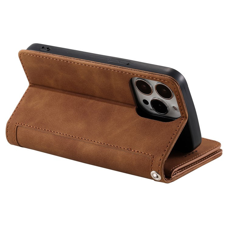 For iPhone 16 Pro Case PU Leather Phone Cover with Zipper Pocket 9 Card Slots - Brown