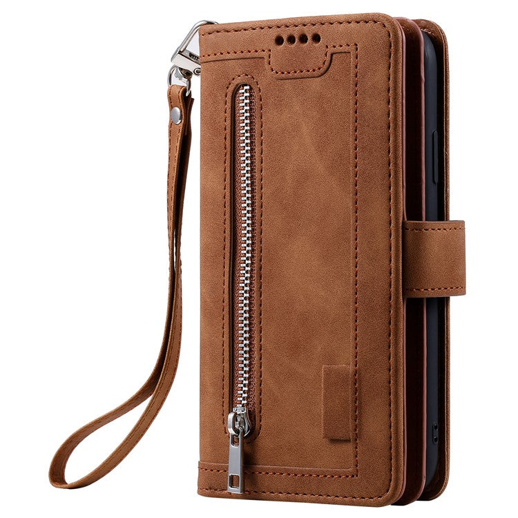 For iPhone 16 Pro Case PU Leather Phone Cover with Zipper Pocket 9 Card Slots - Brown