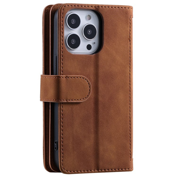 For iPhone 16 Pro Case PU Leather Phone Cover with Zipper Pocket 9 Card Slots - Brown
