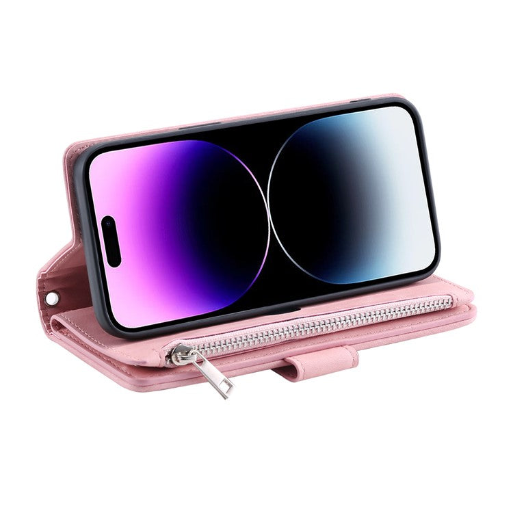 Style 005 For iPhone 16 Pro Zipper Wallet Case Rhombus Stitching Line PU Leather Phone Cover - Rose Gold