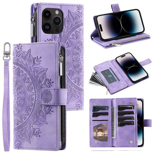 006 For iPhone 16 Pro Case Mandala Flower Zipper Pocket Leather Phone Cover - Purple