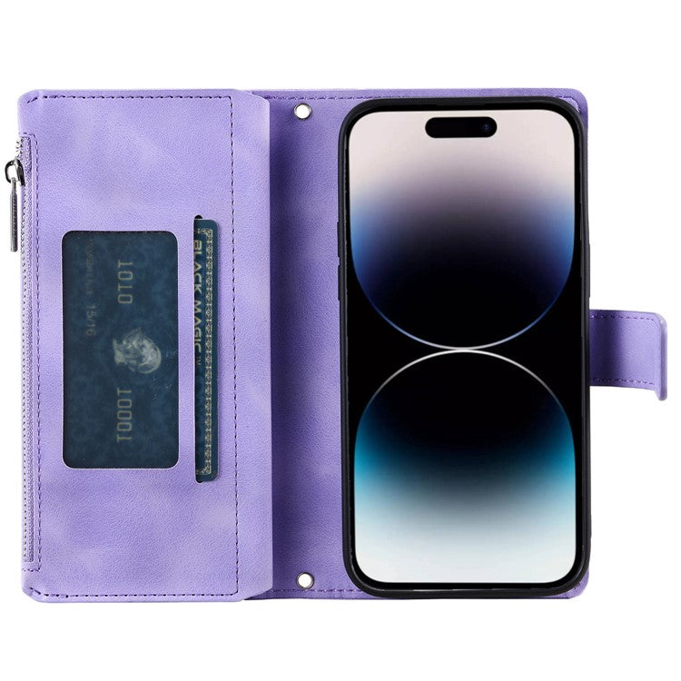 006 For iPhone 16 Pro Case Mandala Flower Zipper Pocket Leather Phone Cover - Purple