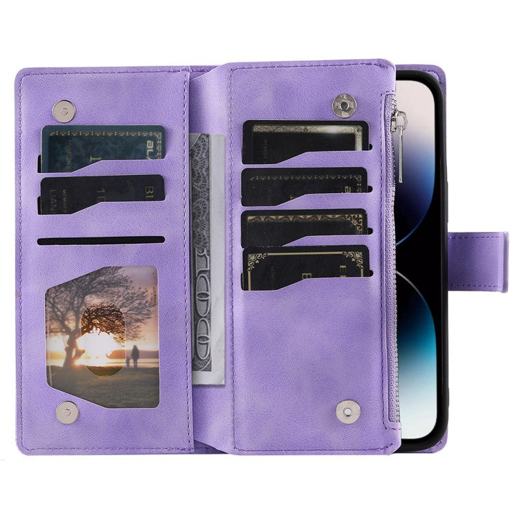 006 For iPhone 16 Pro Case Mandala Flower Zipper Pocket Leather Phone Cover - Purple