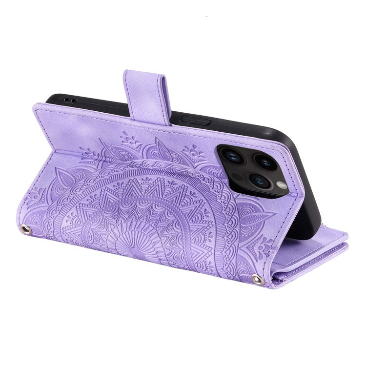 006 For iPhone 16 Pro Case Mandala Flower Zipper Pocket Leather Phone Cover - Purple