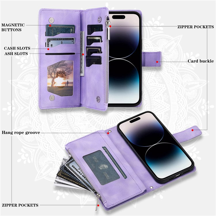 006 For iPhone 16 Pro Case Mandala Flower Zipper Pocket Leather Phone Cover - Purple