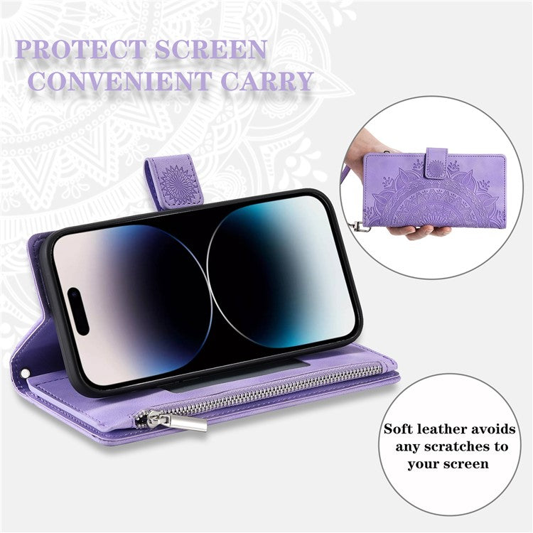 006 For iPhone 16 Pro Case Mandala Flower Zipper Pocket Leather Phone Cover - Purple