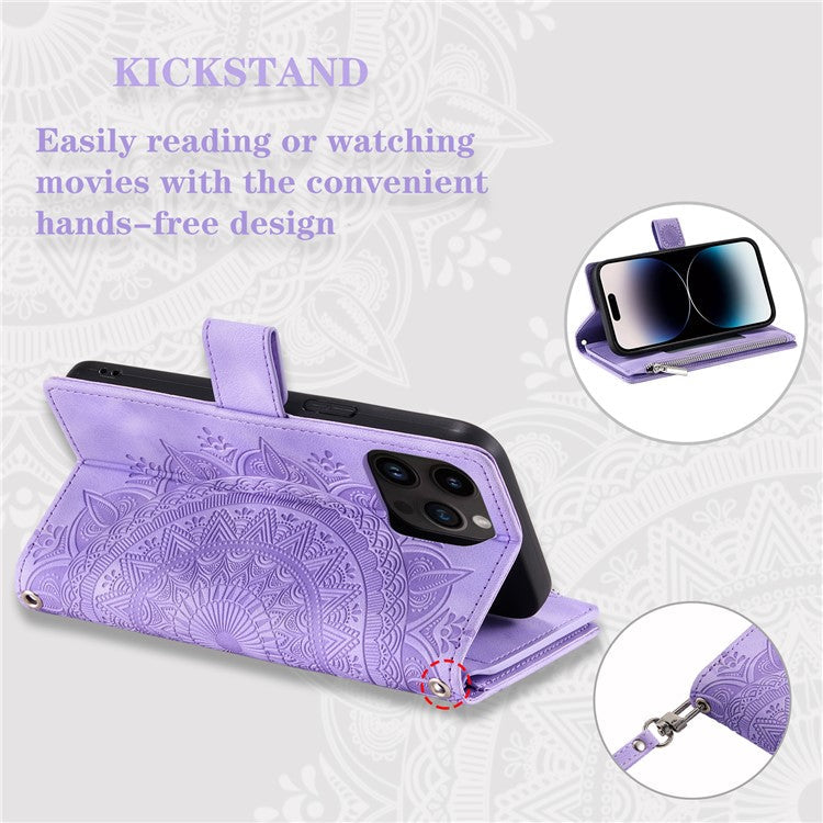 006 For iPhone 16 Pro Case Mandala Flower Zipper Pocket Leather Phone Cover - Purple