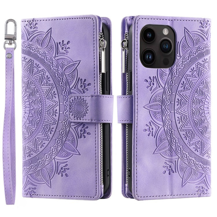 006 For iPhone 16 Pro Case Mandala Flower Zipper Pocket Leather Phone Cover - Purple