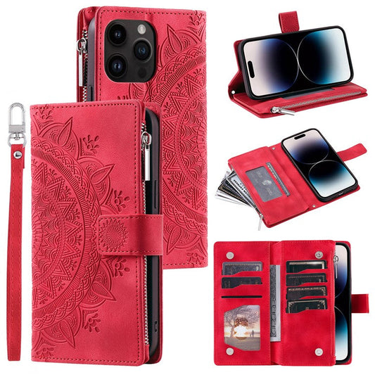 006 For iPhone 16 Pro Case Mandala Flower Zipper Pocket Leather Phone Cover - Red