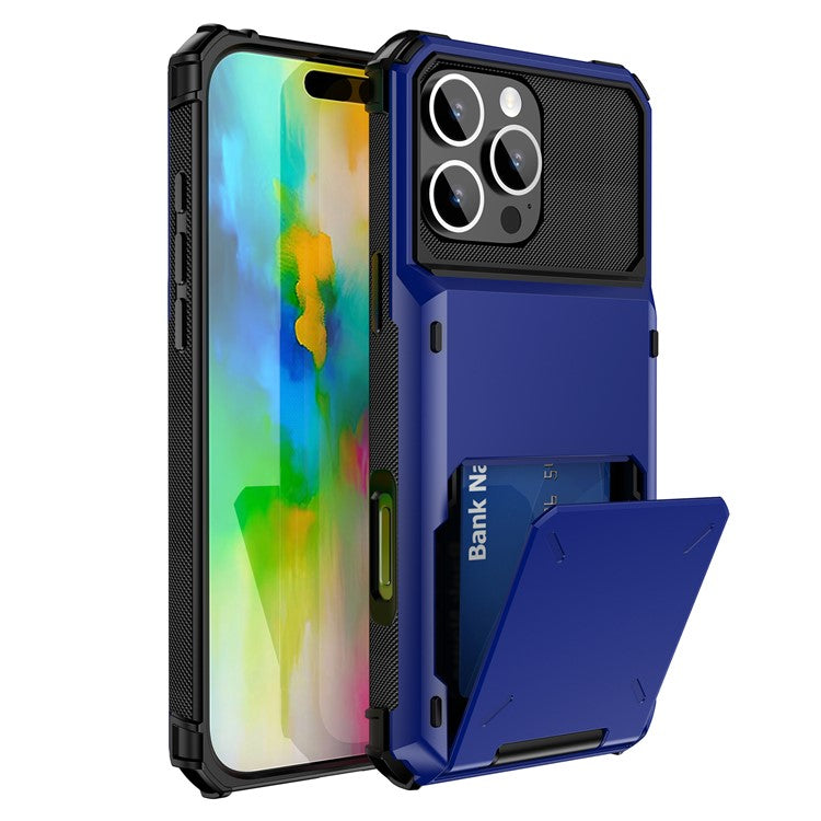 For iPhone 16 Pro Phone Cover PC+TPU Dual Layer Back Case with Card Holder - Blue