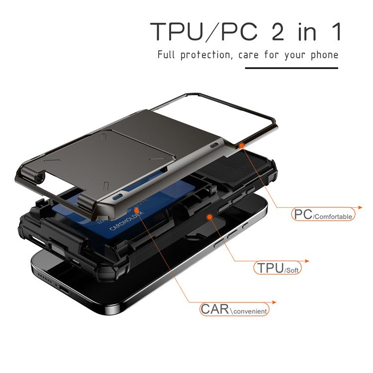 For iPhone 16 Pro Phone Cover PC+TPU Dual Layer Back Case with Card Holder - Blue