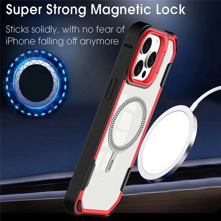 For iPhone 16 Pro Case PC+TPU+Acrylic Back Cover with Lens Kickstand Compatible with MagSafe - Red