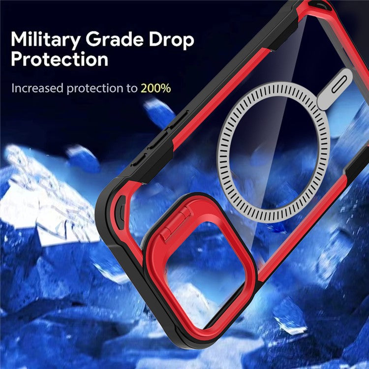 For iPhone 16 Pro Case PC+TPU+Acrylic Back Cover with Lens Kickstand Compatible with MagSafe - Red